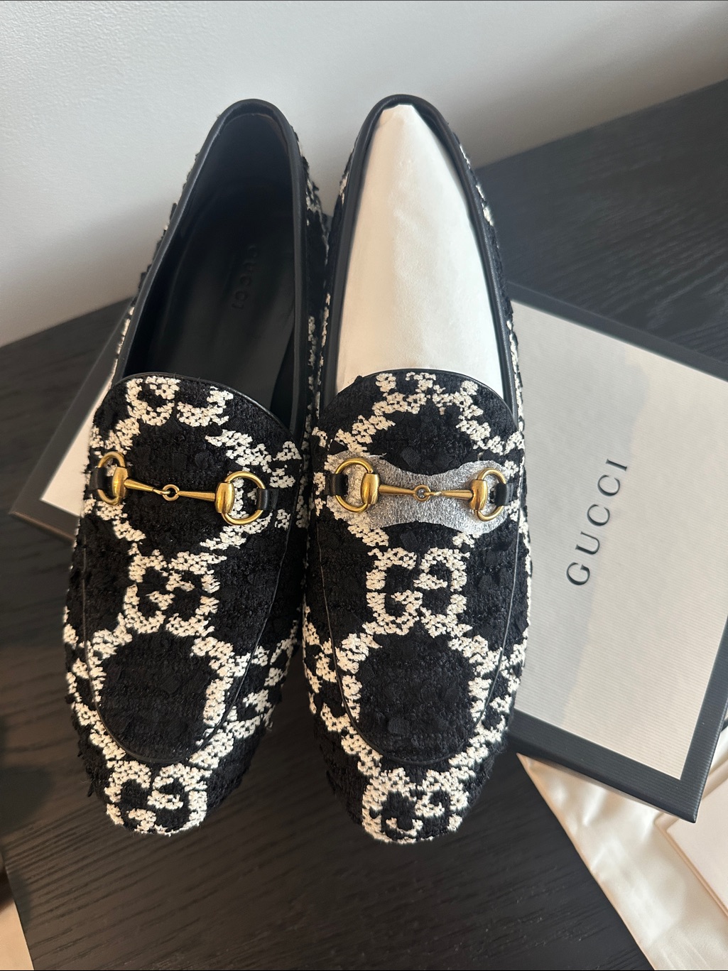 Gucci Black & White Gg Embroidered Horsebit Loafers
